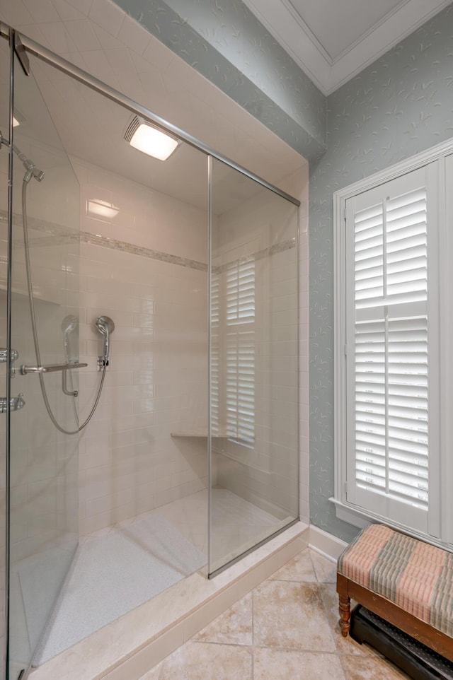 100 Idle Hour Dr Unit 8, Lexington, KY 40502 - bathroom with a stall shower, ornamental molding, tile patterned floors, and baseboards