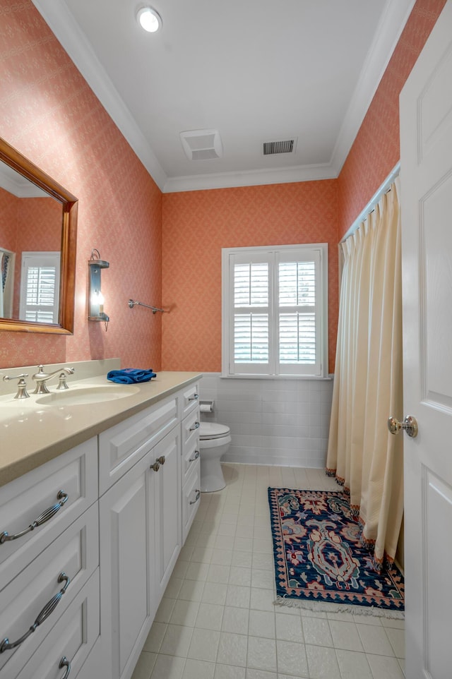 100 Idle Hour Dr Unit 8, Lexington, KY 40502 - full bath featuring ornamental molding, vanity, toilet, tile patterned floors, and wallpapered walls