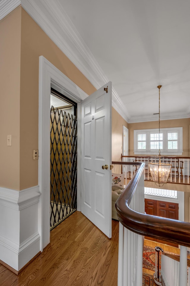 100 Idle Hour Dr Unit 8, Lexington, KY 40502 - hallway featuring a chandelier, ornamental molding, light wood-style floors, and an upstairs landing
