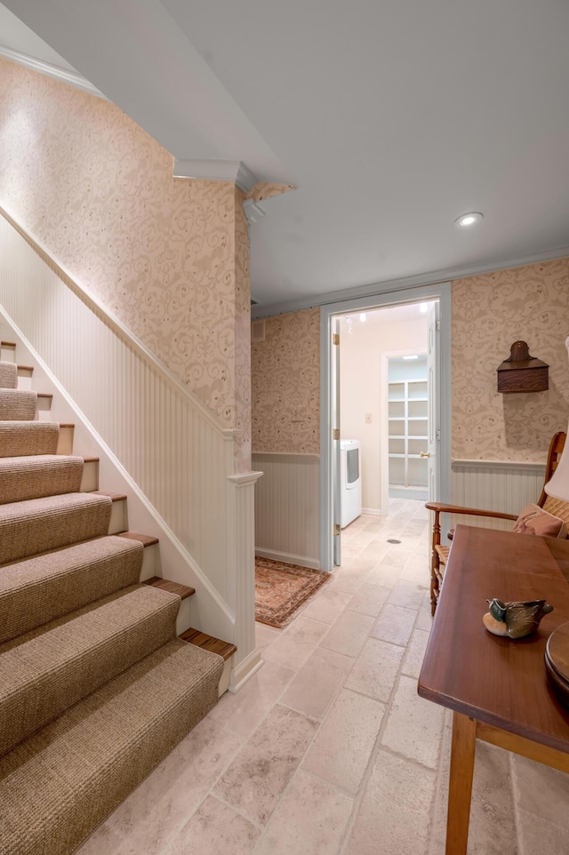 100 Idle Hour Dr Unit 8, Lexington, KY 40502 - stairs with wallpapered walls, washer / dryer, wainscoting, stone tile flooring, and recessed lighting