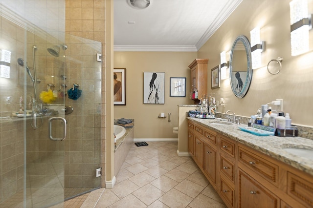 137 Indian Cave Subdivision, Monticello, KY 42633 - bathroom with double vanity, a garden tub, crown molding, a shower stall, and tile patterned flooring