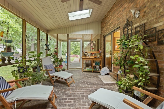 137 Indian Cave Subdivision, Monticello, KY 42633 - sunroom / solarium featuring brick flooring, a skylight, ceiling fan, and vaulted ceiling