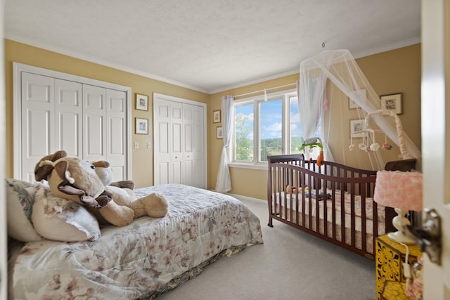 137 Indian Cave Subdivision, Monticello, KY 42633 - bedroom featuring two closets, carpet, crown molding, and baseboards