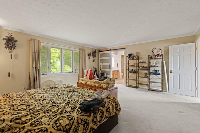137 Indian Cave Subdivision, Monticello, KY 42633 - carpeted bedroom featuring ornamental molding, a textured ceiling, connected bathroom, and a barn door