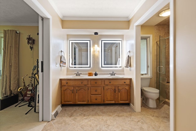 137 Indian Cave Subdivision, Monticello, KY 42633 - full bathroom with double vanity, a stall shower, ornamental molding, toilet, and baseboards