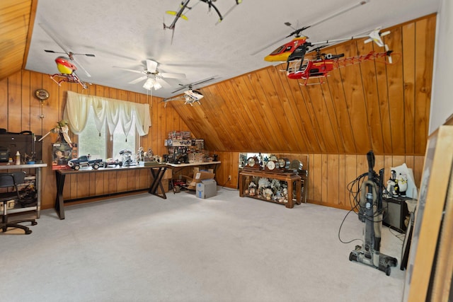 137 Indian Cave Subdivision, Monticello, KY 42633 - home office with wood walls, carpet, a ceiling fan, and vaulted ceiling