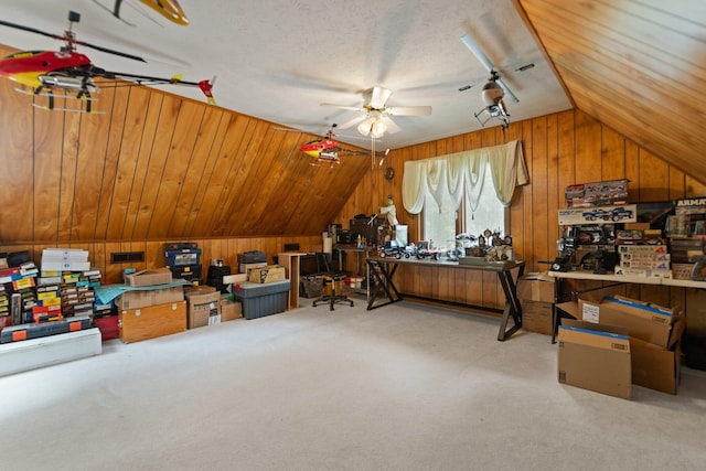 137 Indian Cave Subdivision, Monticello, KY 42633 - carpeted home office with wooden walls, vaulted ceiling, and a ceiling fan