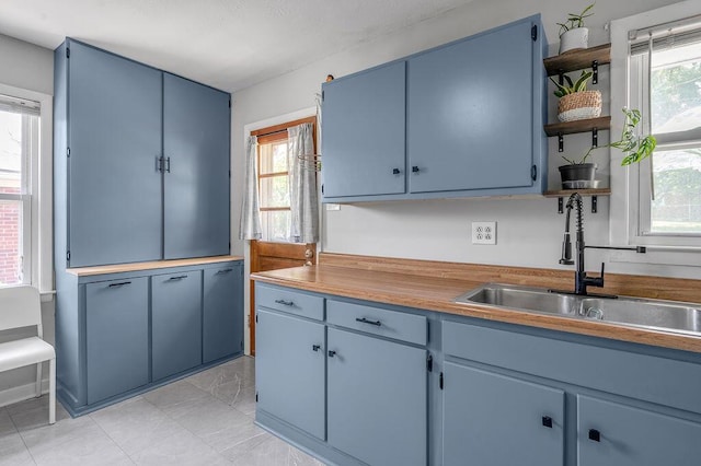 1976 Greenleaf Dr, Lexington, KY 40505 - kitchen featuring open shelves, a sink, and blue cabinetry