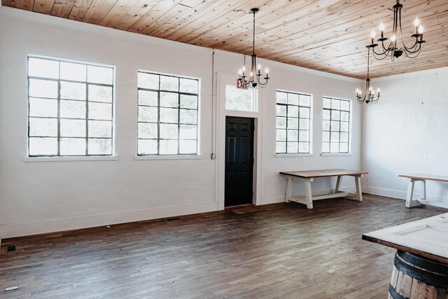 241 Old Glory Rd, Monticello, KY 42633 - unfurnished dining area with a chandelier, crown molding, wooden ceiling, wood finished floors, and baseboards
