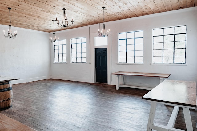 241 Old Glory Rd, Monticello, KY 42633 - unfurnished dining area with a chandelier, crown molding, wooden ceiling, wood finished floors, and baseboards