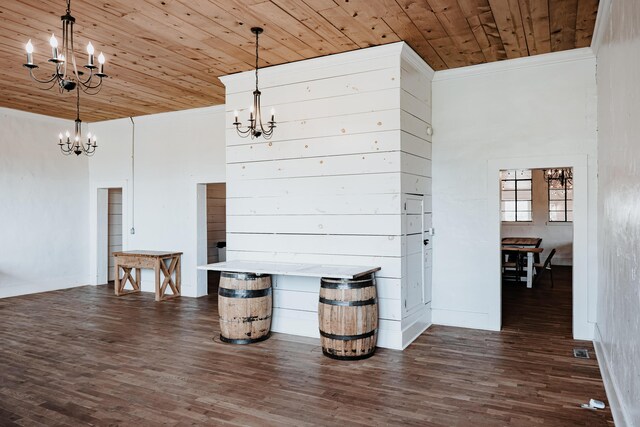 241 Old Glory Rd, Monticello, KY 42633 - unfurnished dining area with a chandelier, wooden ceiling, dark wood-type flooring, and ornamental molding
