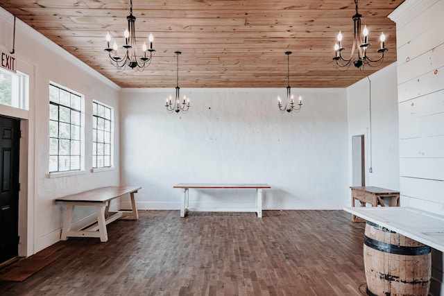 241 Old Glory Rd, Monticello, KY 42633 - unfurnished dining area with a chandelier, wooden ceiling, dark wood-type flooring, and ornamental molding