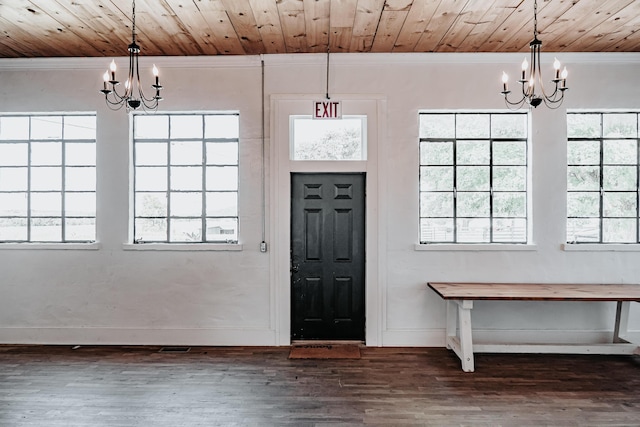 241 Old Glory Rd, Monticello, KY 42633 - entrance foyer with a chandelier, crown molding, wood ceiling, healthy amount of natural light, and dark wood-type flooring
