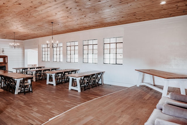 241 Old Glory Rd, Monticello, KY 42633 - dining area with a chandelier, wooden ceiling, wood finished floors, and baseboards