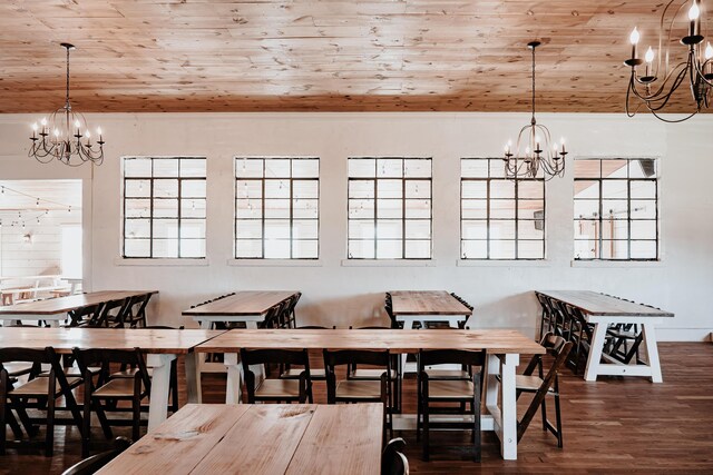 241 Old Glory Rd, Monticello, KY 42633 - dining space with a chandelier, wood ceiling, wood finished floors, and healthy amount of natural light