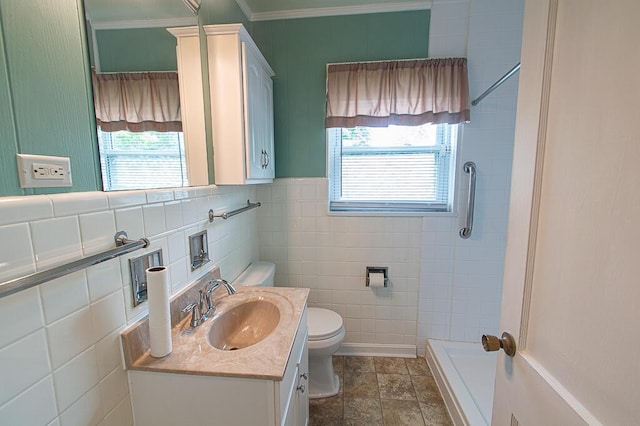 135 Rolling Acres Dr, Frankfort, KY 40601 - bathroom featuring toilet, a shower, vanity, tile walls, and crown molding