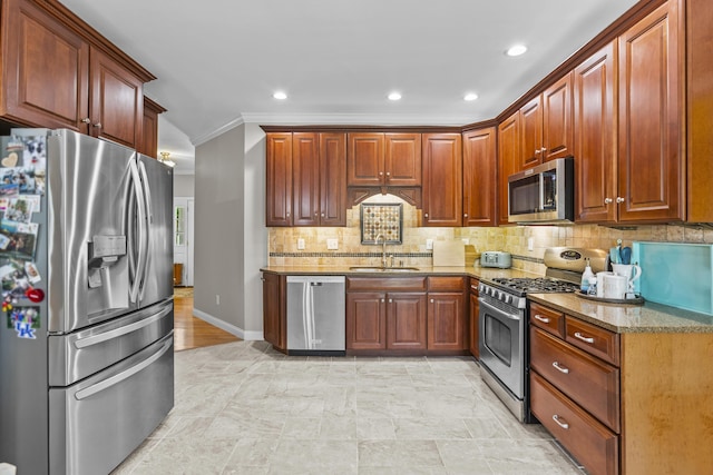 594 Earlymeade Dr, Winchester, KY 40391 - kitchen with appliances with stainless steel finishes, a sink, light stone countertops, ornamental molding, and decorative backsplash