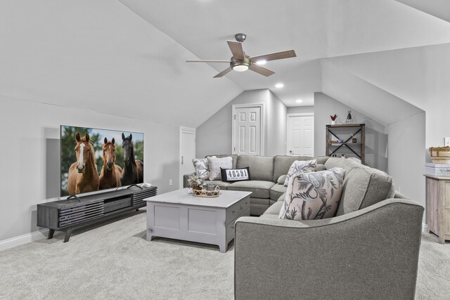 594 Earlymeade Dr, Winchester, KY 40391 - living area featuring light carpet, a ceiling fan, lofted ceiling, recessed lighting, and baseboards