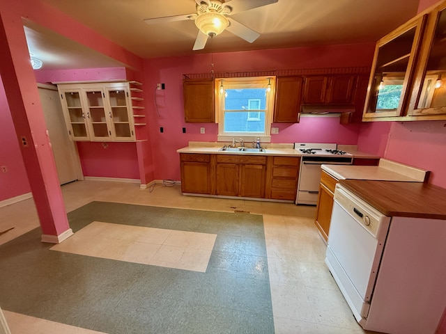 215 Bellevue Ave, Wilmore, KY 40390 - kitchen featuring white appliances, under cabinet range hood, ceiling fan, and brown cabinetry