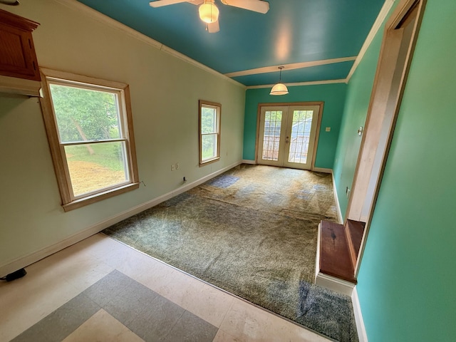 215 Bellevue Ave, Wilmore, KY 40390 - carpeted empty room featuring french doors, ceiling fan, and ornamental molding