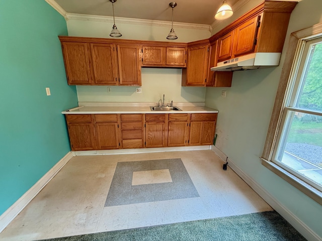 215 Bellevue Ave, Wilmore, KY 40390 - kitchen with under cabinet range hood, brown cabinetry, decorative light fixtures, healthy amount of natural light, and crown molding