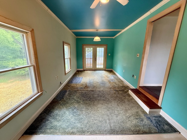 215 Bellevue Ave, Wilmore, KY 40390 - empty room featuring french doors, carpet floors, ornamental molding, and a ceiling fan