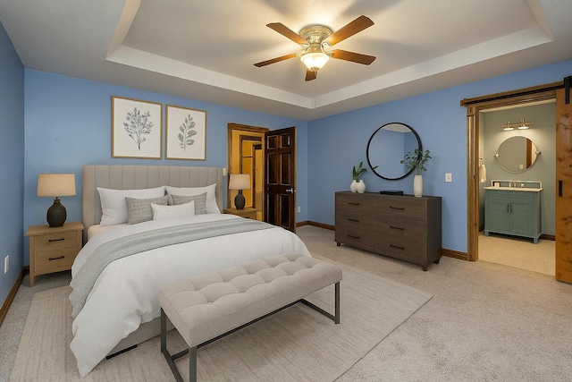 1324 Travis Dr, Richmond, KY 40475 - bedroom featuring a raised ceiling, light colored carpet, baseboards, a ceiling fan, and ensuite bath