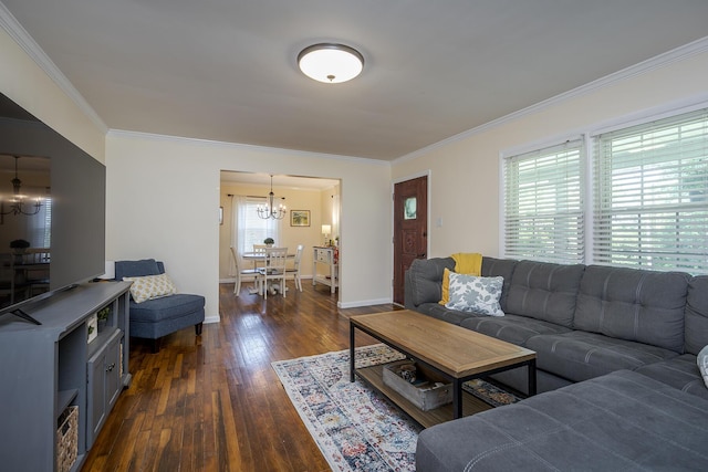 3506 Newport Dr, Lexington, KY 40517 - living room with a chandelier, ornamental molding, dark wood finished floors, and baseboards