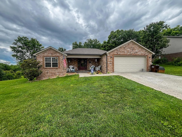 437 Bay Berry Ln, Richmond, KY 40475 - ranch-style house with a front yard, an attached garage, decorative driveway, a porch, and brick siding