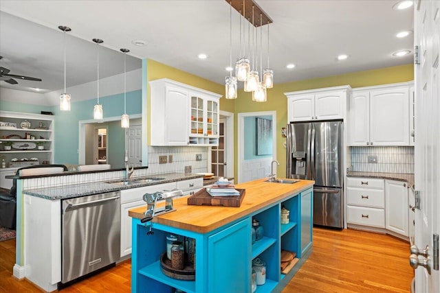 143 Winding View Trl, Georgetown, KY 40324 - kitchen featuring open shelves, stainless steel appliances, butcher block counters, backsplash, and recessed lighting