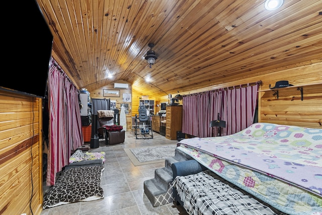 106 Sand Piper Ct, Midway, KY 40347 - bedroom featuring vaulted ceiling, wood ceiling, wood walls, and a wall mounted air conditioner