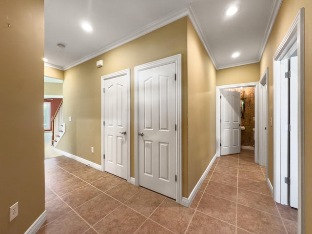 2625 Flying Ebony Dr, Lexington, KY 40509 - hallway with ornamental molding, tile patterned floors, baseboards, recessed lighting, and stairs