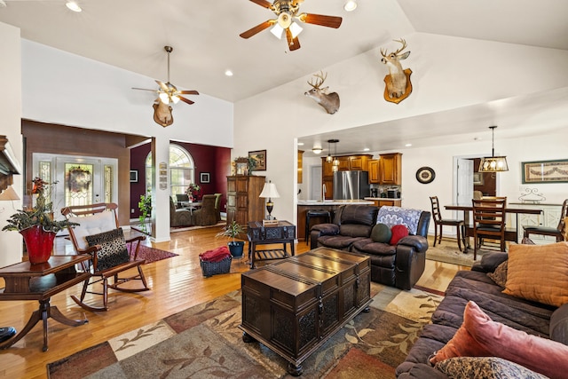 204 Keith Dr, Berea, KY 40403 - living room featuring a ceiling fan, light wood-style flooring, high vaulted ceiling, and recessed lighting