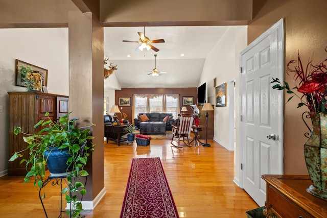 204 Keith Dr, Berea, KY 40403 - foyer entrance with light wood-type flooring, vaulted ceiling, a ceiling fan, and baseboards