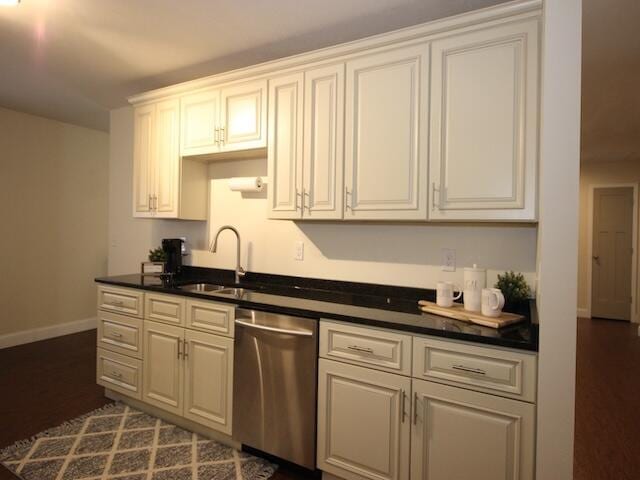 91 Graysons Way, Somerset, KY 42503 - kitchen with dishwasher, a sink, dark countertops, baseboards, and white cabinets