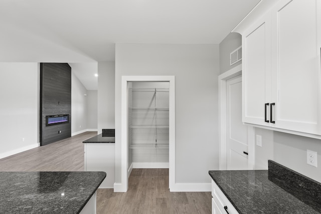 202 Max Cavnes Rd, Danville, KY 40422 - kitchen featuring light wood finished floors, dark stone countertops, white cabinetry, a large fireplace, and open floor plan