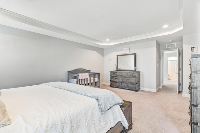 110 Kinglet Pt, Nicholasville, KY 40356 - bedroom with a tray ceiling, light colored carpet, recessed lighting, baseboards, and crown molding