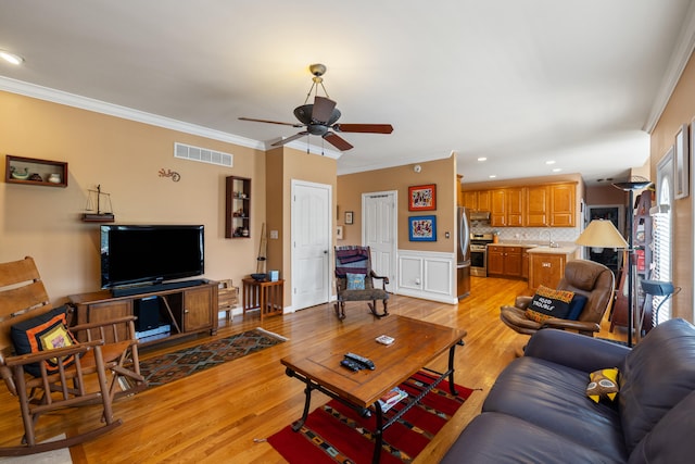 988 Fiddler Creek Way, Lexington, KY 40515 - living room featuring crown molding, light wood-style floors, ceiling fan, and recessed lighting