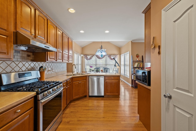 988 Fiddler Creek Way, Lexington, KY 40515 - kitchen with stainless steel appliances, a sink, under cabinet range hood, light wood-style flooring, and a peninsula