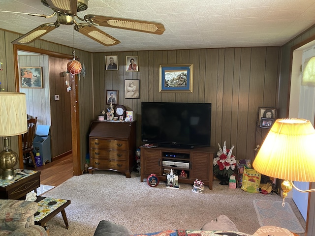 648 Hayes Creek Rd, Strunk, KY 42649 - living area with a ceiling fan, carpet, and wood walls
