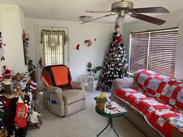 648 Hayes Creek Rd, Strunk, KY 42649 - living room with a ceiling fan, a textured ceiling, and carpet floors