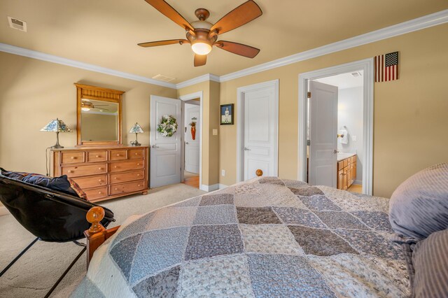 101 Sand Piper Ct, Midway, KY 40347 - bedroom featuring ornamental molding, carpet floors, a ceiling fan, baseboards, and ensuite bathroom