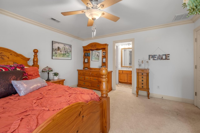 101 Sand Piper Ct, Midway, KY 40347 - bedroom with ornamental molding, light carpet, connected bathroom, ceiling fan, and baseboards