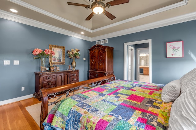 101 Sand Piper Ct, Midway, KY 40347 - bedroom featuring wood finished floors, a raised ceiling, a ceiling fan, ensuite bathroom, and recessed lighting