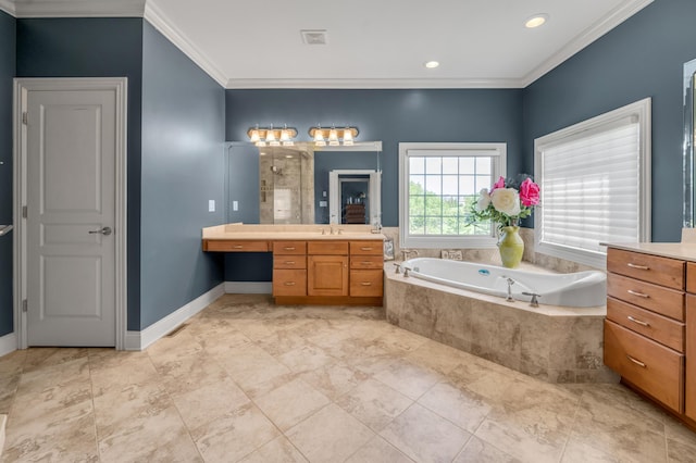 101 Sand Piper Ct, Midway, KY 40347 - full bathroom with vanity, a garden tub, crown molding, recessed lighting, and baseboards
