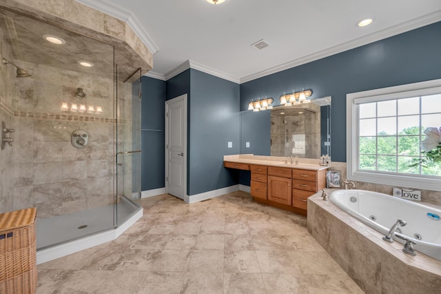 101 Sand Piper Ct, Midway, KY 40347 - full bathroom featuring a stall shower, a tub with jets, vanity, ornamental molding, and baseboards