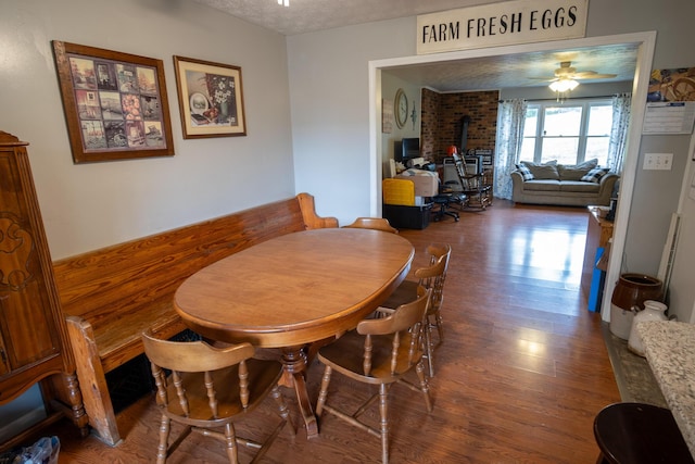 1987 White Rock Rd, Mount Vernon, KY 40456 - dining room with a wood stove, wood finished floors, and ceiling fan