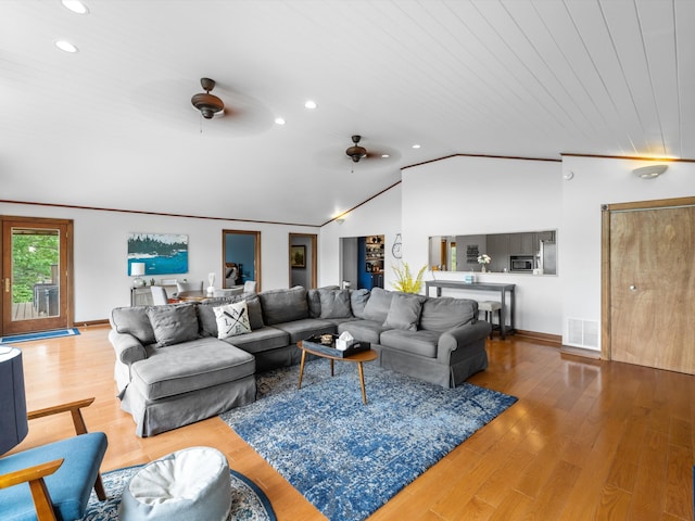 389 Lakeview Dr, Somerset, KY 42503 - living area with a ceiling fan, lofted ceiling, recessed lighting, wood finished floors, and baseboards