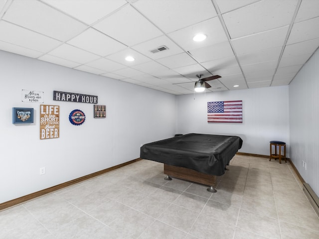 389 Lakeview Dr, Somerset, KY 42503 - rec room featuring a ceiling fan, billiards, baseboards, recessed lighting, and a drop ceiling