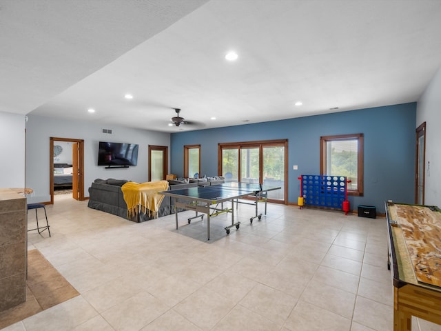 389 Lakeview Dr, Somerset, KY 42503 - game room featuring recessed lighting, a ceiling fan, light tile patterned floors, and baseboards